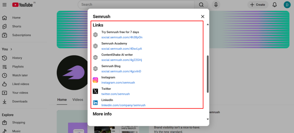 Adding multiple links section on YouTube channel settings for youtube for businesses social and website links