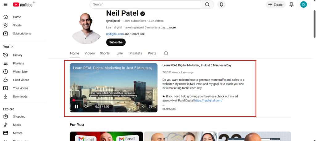 YouTube for businesses channel homepage featuring a video spotlight with a digital marketing tutorial