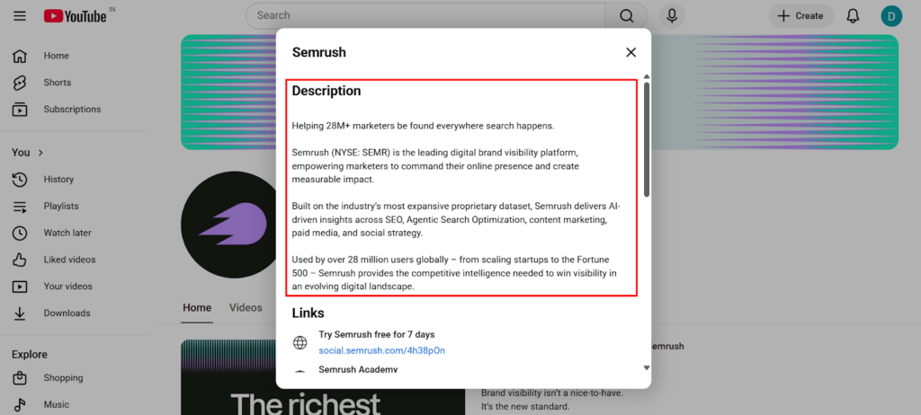 YouTube channel description popup explaining brand details and links for youtube for businesses profile