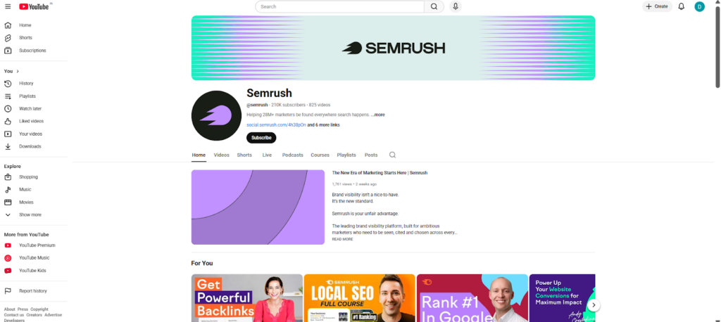 YouTube for businesses channel page displaying branded banner and featured content sections layout