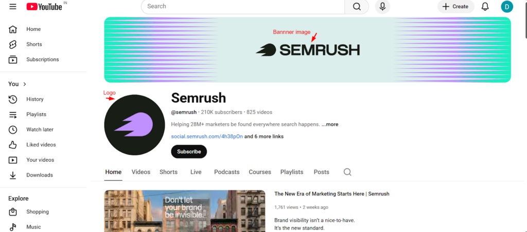 YouTube channel page showing banner and logo setup for youtube for businesses branding