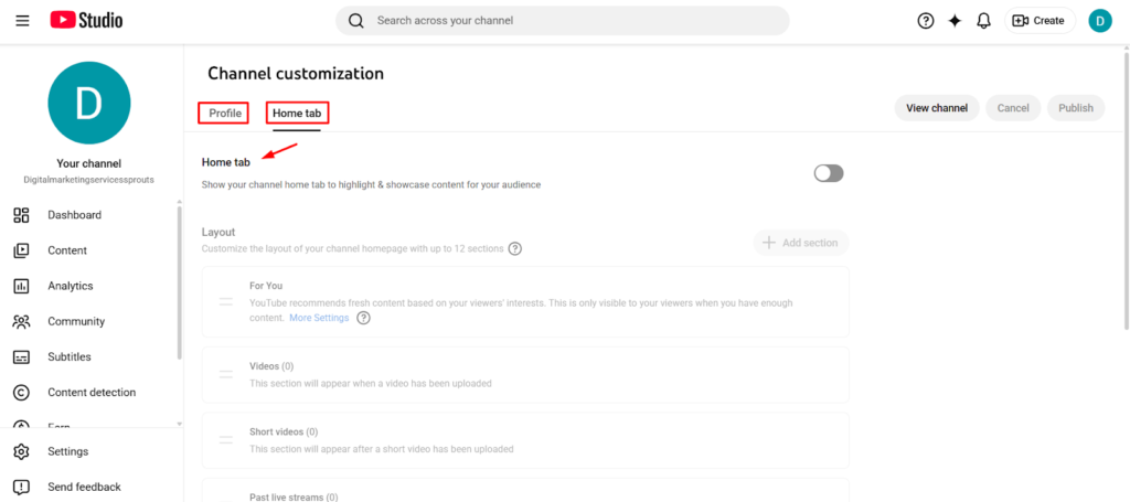 YouTube for businesses dashboard showing channel customization and home tab settings in YouTube Studio