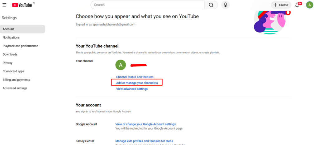 YouTube account settings page showing how to add or manage a YouTube channel for business setup