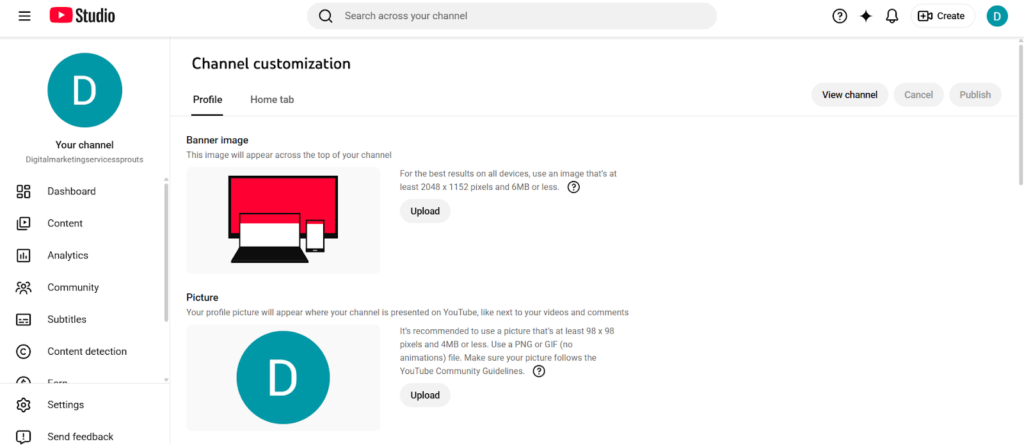 YouTube for businesses setup showing banner upload and profile picture settings in YouTube Studio