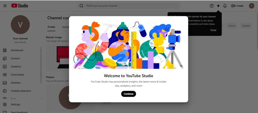 YouTube for business channel setup screen showing welcome to youtube studio