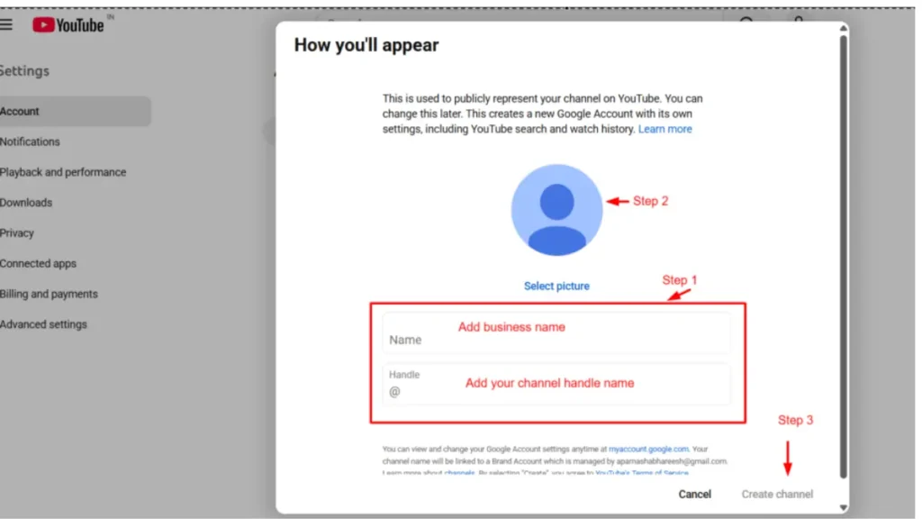 YouTube for business channel setup screen showing how to add name, handle, and profile picture step by step