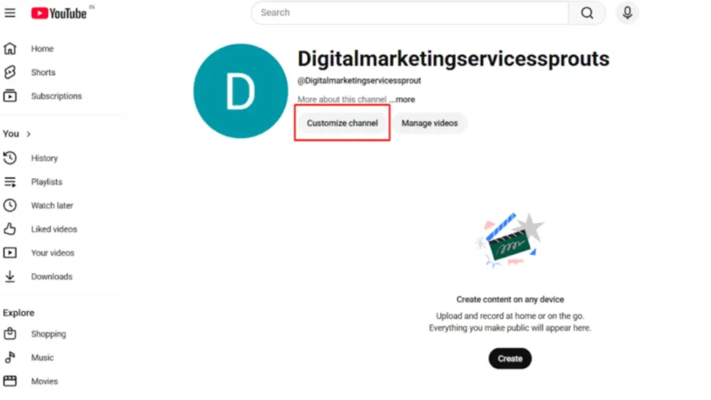 YouTube for business account settings showing customize channnel