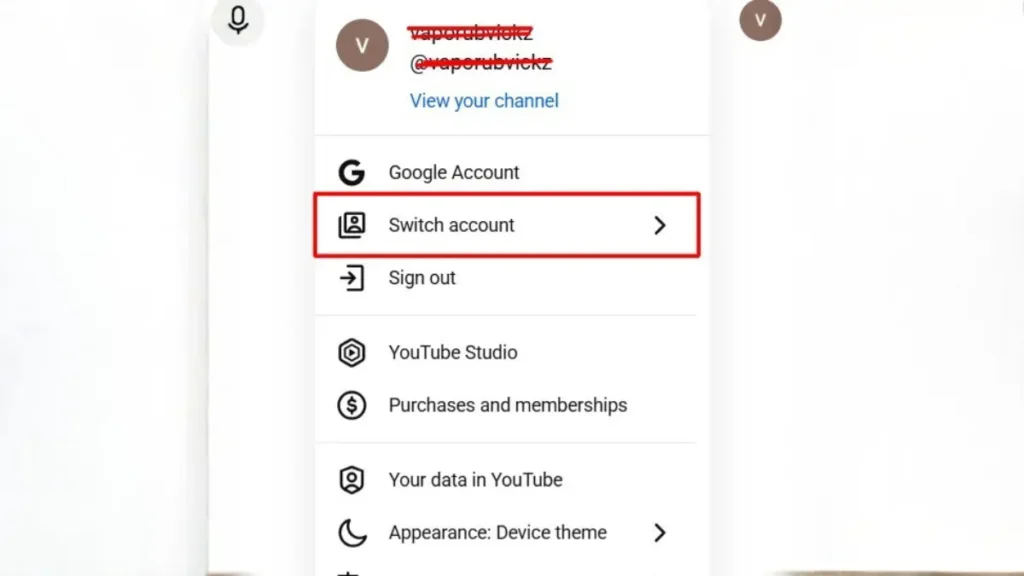 YouTube for business account settings showing switch account option in YouTube profile menu